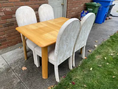 dining room set with expandable wooden table and four chairs, View more