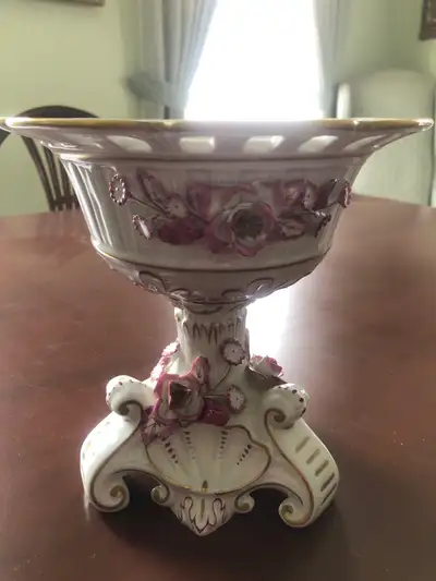Dresden hand painted White /Pink floral compote bowl on pedestal, View more