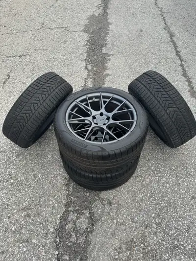 255/45/19 & 285/40/19 Inch Staggered Pirelli Winter Tires + Flow Forged GTS G-Tuning 19" Gunmetal Wh...