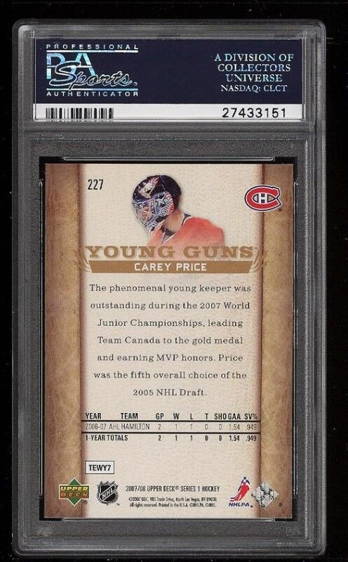 CAREY PRICE ... 2007-08 Upper Deck Young Guns ROOKIE .. 5 GRADED in Arts & Collectibles in City of Halifax - Image 3