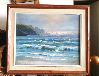 VINTAGE HAND PAINTED OIL PAINTING SEA+SUN SOLID WOOD FRAME, View more