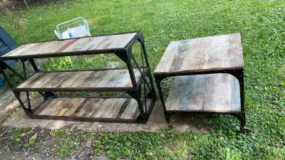 This used farmhouse industrial style sideboard and end table set features a sturdy construction with...