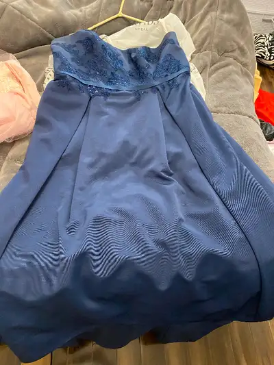 Never worn. David’s bridal navy blue classy dress. Fit and flare style. Can be strapless or with str...