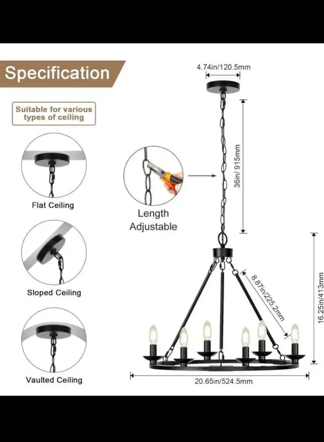 Black Farmhouse Chandelier, 6-Light Wagon Wheel Chandelier wit A in Indoor Lighting & Fans in Hamilton - Image 3