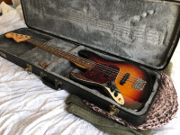 Fender left hand Jazz bass.  Crafted in Japan