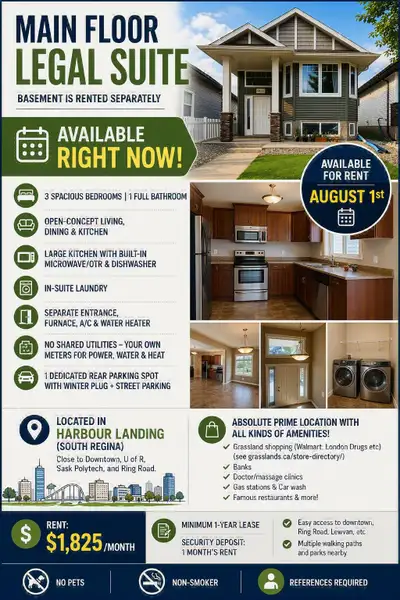 MAIN FLOOR LEGAL SUITE. Basement is rented separately. Available: AUGUST 1st 3 spacious bedrooms | 1...