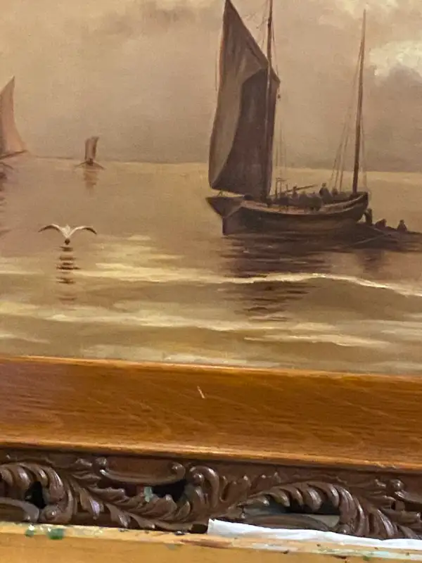 ANTIQUE WOOD OPENWORK FRAME DANISH OIL ON CANVAS PAINTING SEA. in Arts & Collectibles in Vancouver - Image 5