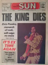 VINTAGE ORIGINAL TORONTO SUN NEWSPAPER DEATH OF ELVIS PRESLEY