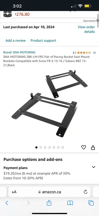Selling seat brackets for FRS/BRZ/86 DNA motors Brand New in box, don’t have vehicle anymore Asking...