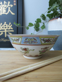Porcelain Rice Soup Bowl with Chinese Symbols of Prosperity