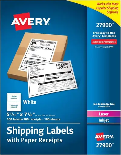 AVERY White Shipping Labels with Paper Receipts 27900, View more