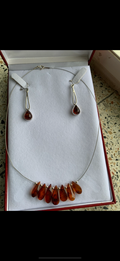 Amber Sterling silver necklace and earrings, View more