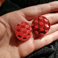 Vintage Retro Red Geometric Pattern Circular Clip on Earrings