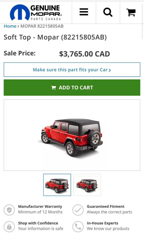 Mopar Soft Top for Jeep Sahara in Other Parts & Accessories in City of Halifax - Image 2