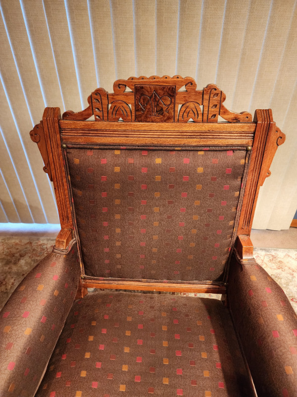 Antique Eastlake Open Arm Parlor Chair with New Upholstery and M in Chairs & Recliners in Edmonton - Image 4