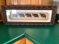 Five Wood Elephants Encased in a Wood Framed Shadow Box