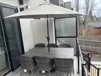 OUTDOOR WICKER TABLE, CHAIRS AND UMBRELLA 