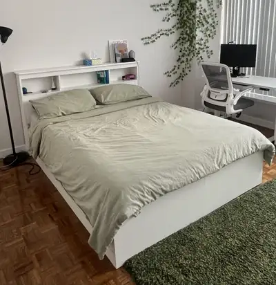 Queen bed set (white, wood frame with headboard and drawers), View more