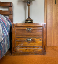 Vtg Oak Side Table Bedside 2 Drawer Brass Hardware