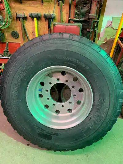 Bridgestone 425/65R 22.5 mounted on aluminum rim. Nearly new condition. Saskatoon Call 306 221 1582