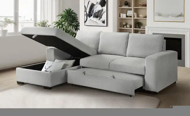 Fabric sectional sofa and chaise with hide-a-bed and storage in Couches & Futons in Vancouver - Image 3