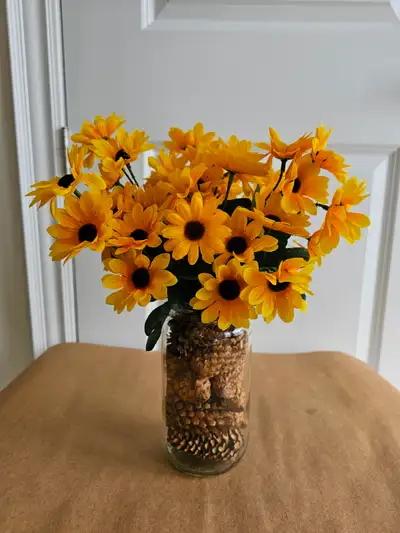 15” tall artificial sunflowers with glass vase, View more