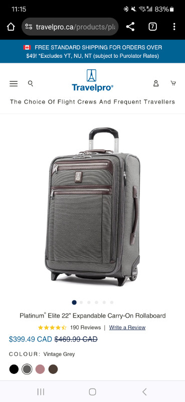 Travelpro Platinum Elite 22" Carry-On Luggage in Vintage Grey dans Autre  à Ville de Toronto - Image 4