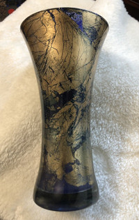 Tall blue and gold crackle glaze glass vase