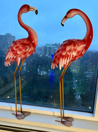 Two Metal Patio Garden Balcony Pink Flamingos - Like New