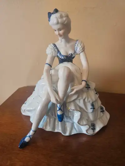 Vintage Navy, Gold & White Lady Tying her Ballet Shoes Sitting on a Bench, Porcelain Figurine