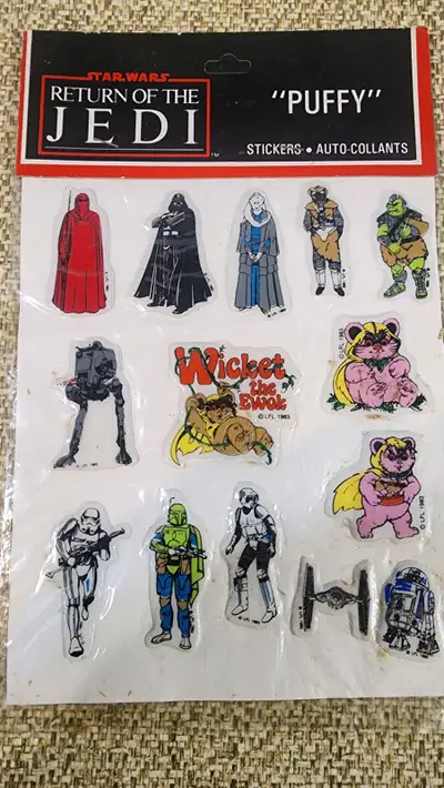 Relive the excitement of the Star Wars saga with these vintage 1983 Return of the Jedi puffy sticker...