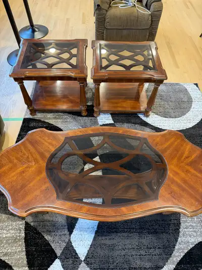 Wood coffee table and matching end tables, View more