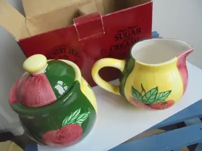 New in a box vintage set sugar bowl and creamer Country Inn Collection, colorful and pretty. Handpai...