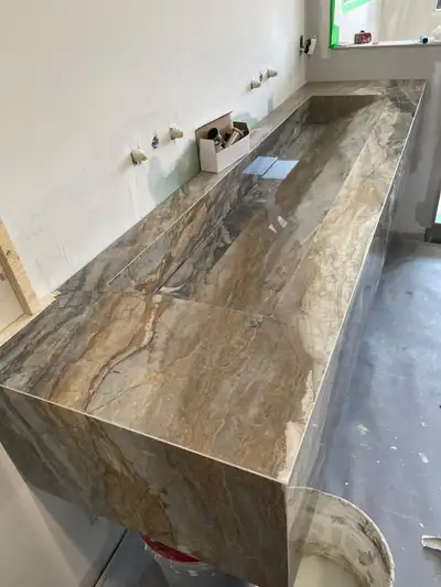 Custom Quartz Countertop-Integrated Sink Vanity Top Installation, View more