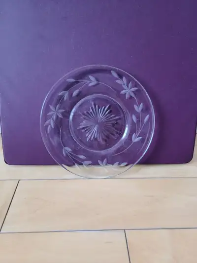 Pressed Glass Dessert Plates With Etched Flowers & Star Burst, View more