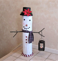 Log Snowman Porch Greeter On A Candy Cane Base Holding Lantern