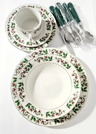 32 Piece Gibson Holiday Gold Holly Berries Christmas Set, View more