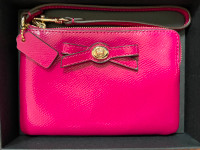 COACH, Leather Cranberry Turnlock Bow Wristlet