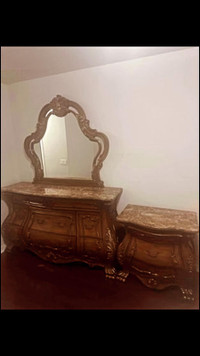 Solid Wood Hand Crafted Marble Top Bedside Table Set