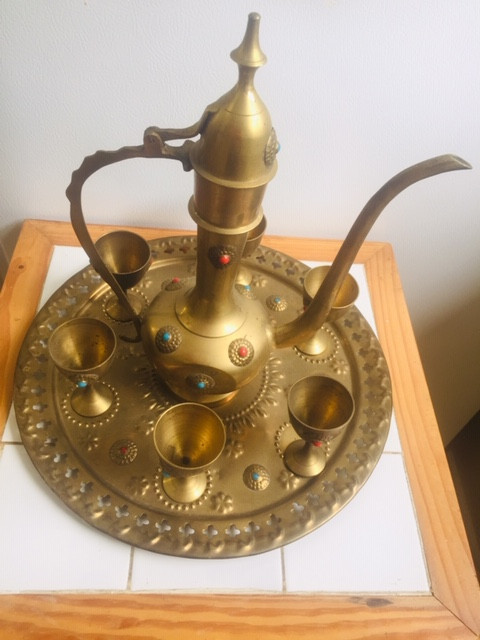 VTG INDIAN Engraved & Enameled Brass Coffee Pot Tray & Six Cups in Home Décor & Accents in Norfolk County