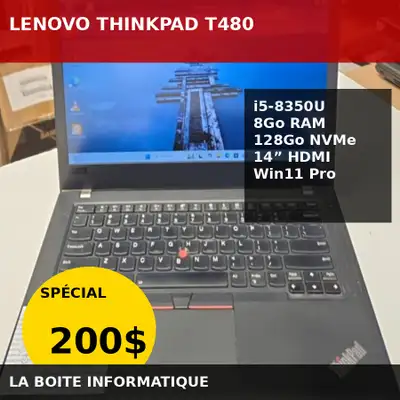 Laptop Lenovo ThinkPad T480 14” Intel i5-8350U 8Go DDR4 SSD 128G, View more