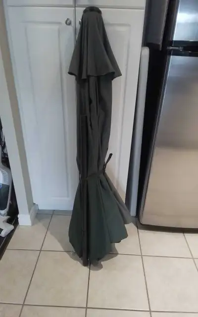 9 foot patio umbrella dark green. Excellent condition. No longer needed not quite a year old.