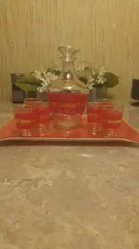 Vintage Decanter and shot glass set with tray