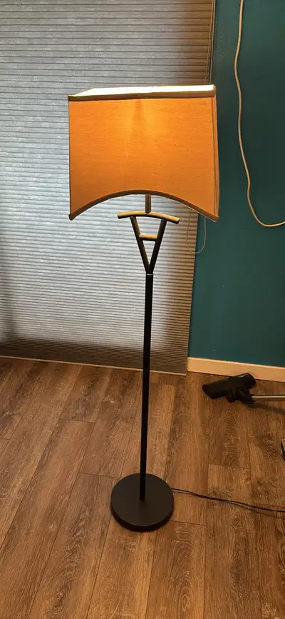 Illuminate your living space with this stylish black floor lamp, featuring a rectangular tan shade a...