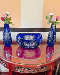 Vintage High quality lead crystal blue cobalt flower vases 