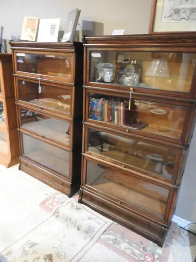 Four level twin antique barrister bookcases with drawers, View more