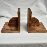 Geometric Architectural MCM Art Deco Walnut Book Ends, records