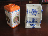 Delft Blue pottery money box and Dutch souvenir royalty tin