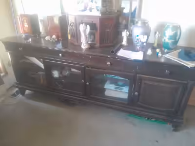 Long and beautiful TV media unit Dark Burgundy colored wood with 4 drawers And 4 cubbies Beautiful s...