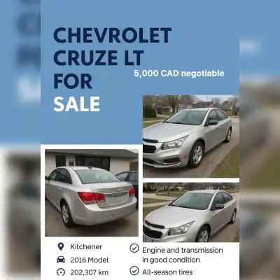 CHEVROLET CRUZE LT 2016 FOR SALE Excellent condition – $5000 (Price negotiable) Kitchener 2016 Model...